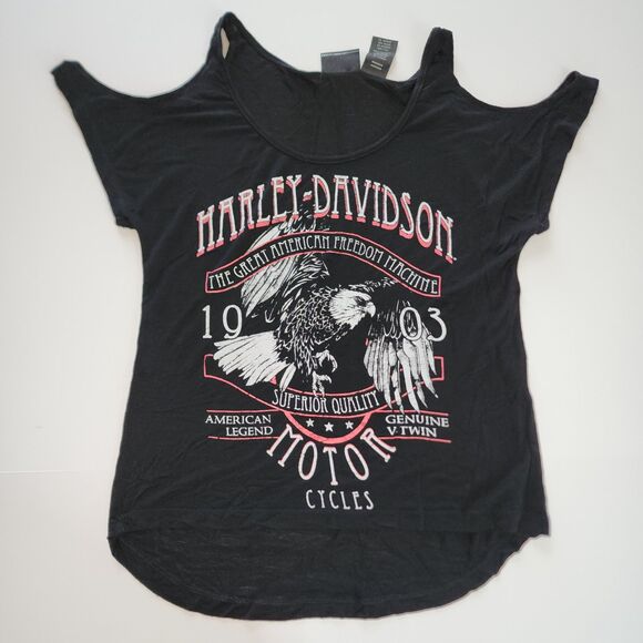Harley Davidson Black Cold Shoulder T-Shirt Size M - Picture 2 of 7